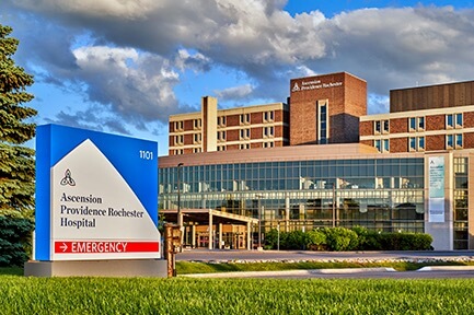 Hospital building with Ascension Providence Rochester Hospital Emergency sign
